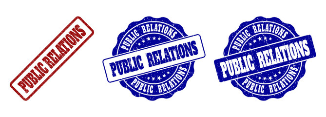 PUBLIC RELATIONS grunge stamp seals in red and blue colors. Vector PUBLIC RELATIONS imprints with grunge surface. Graphic elements are rounded rectangles, rosettes, circles and text labels.