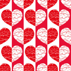 Funky red and white reflected hearts with doodle lines on striped geometric background as seamless vector pattern. Great for Valentine's themed giftwrap, scrapbooking and commercial projects.