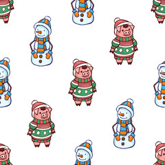 Fototapeta premium Vector seamless pattern with snowman and New year pig 2019