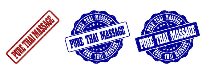 PURE THAI MASSAGE grunge stamp seals in red and blue colors. Vector PURE THAI MASSAGE signs with grunge texture. Graphic elements are rounded rectangles, rosettes, circles and text titles.