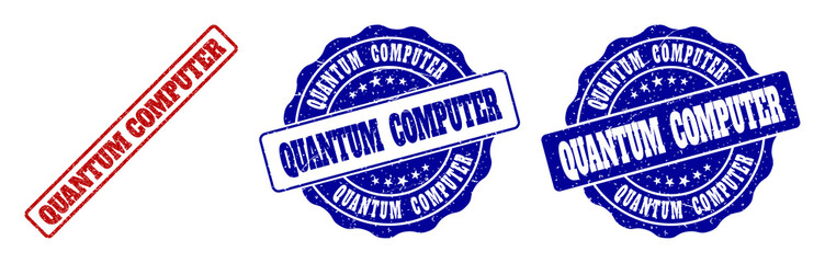 QUANTUM COMPUTER grunge stamp seals in red and blue colors. Vector QUANTUM COMPUTER imprints with draft texture. Graphic elements are rounded rectangles, rosettes, circles and text tags.