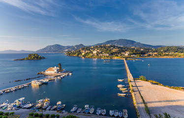 Panoramic view of Vlachernа monastery, Pontikonissi or mouse island and Halikiopoulou lagoon. Kanoni, Corfu Grecce,