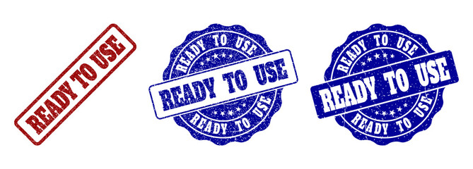 READY TO USE grunge stamp seals in red and blue colors. Vector READY TO USE labels with grunge surface. Graphic elements are rounded rectangles, rosettes, circles and text labels.