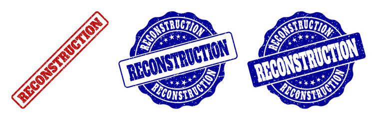 RECONSTRUCTION grunge stamp seals in red and blue colors. Vector RECONSTRUCTION watermarks with grunge surface. Graphic elements are rounded rectangles, rosettes, circles and text tags.