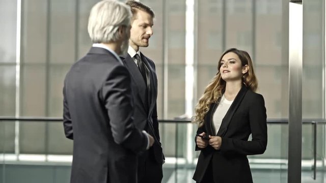 A couple of bussinessmen and bussines woman discussing an important topic