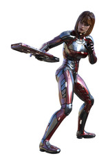 3d illustration of a futuristic female soldier in full body armor with a gun pointing it sideways isolated on a white background.