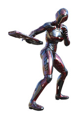3d illustration of a futuristic soldier in full body armor holding a gun sideways isolated on a white background.