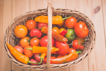 a lot of fresh vegatables in the basket, top viewe