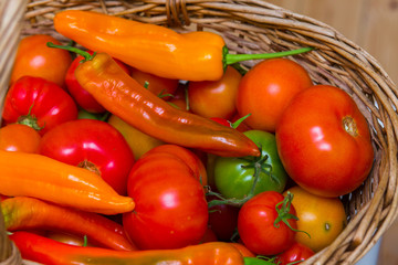 a lot of fresh vegatables in the basket, top viewe