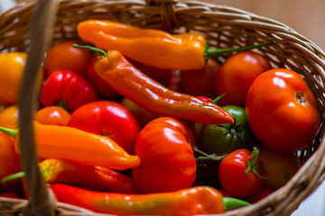 a lot of fresh vegatables in the basket, top viewe