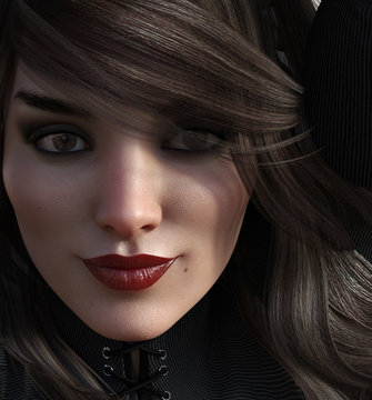 3d illustration of a sultry woman with dark eye shadow and bright red lipstick with brunette hair.