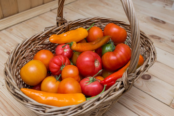 a lot of fresh vegatables in the basket, top viewe