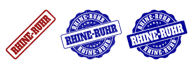 RHINE-RUHR grunge stamp seals in red and blue colors. Vector RHINE-RUHR signs with grunge style. Graphic elements are rounded rectangles, rosettes, circles and text captions.