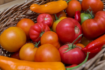 a lot of fresh vegatables in the basket, top viewe