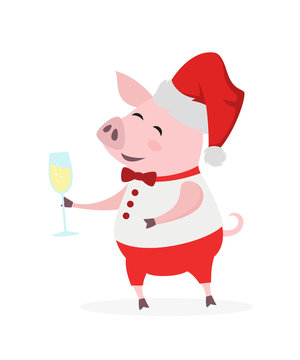 Cute pig in santa hat with champagne.