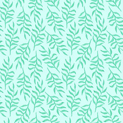 Tender watercolor seamless pattern with light green leaves and branches on blue background. Blue botanical texture for textile, wrapping paper, print design, surface