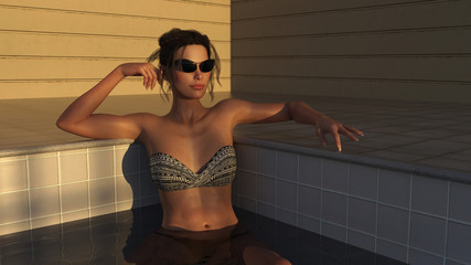 3d illustration of a woman sitting alone in a swimming pool as the sun goes down in the late afternoon wearing sunglasses.