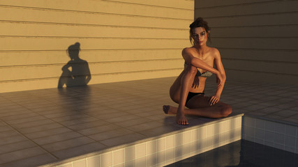 3d illustration of a woman sitting alone next to a swimming pool with a slight smile as the sun goes down in the late afternoon.