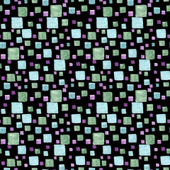 Seamless pattern watercolor with bright rectangles and squares. Green and blue trendy colors. Hand draw texture on black.