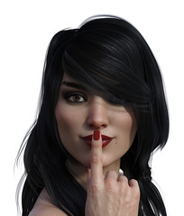 Naklejka premium 3d illustration of a pretty woman with dark eye shadow and bright red lipstick and brunette hair with a finger to her lips on a white background.