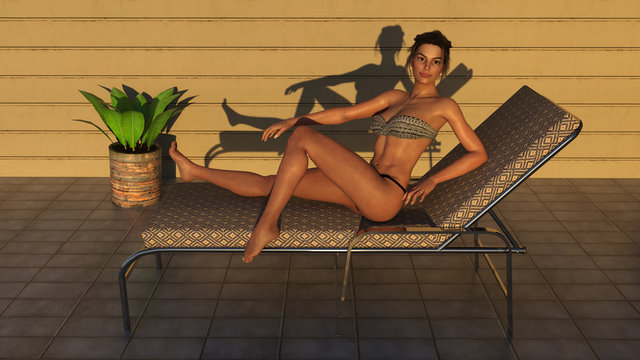 3d Illustration Of A Woman Getting Up From A Lounge Chair On A Tiled Deck As The Sun Goes Down In The Late Afternoon As The Sun Goes Down.