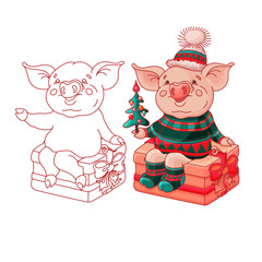 Funny cartoon pig isolated on white. Vector.