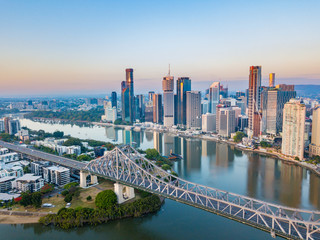 The Story Bridge in Brisbane City the capital of Queensland at sunrise - Brisbane, Queensland,...