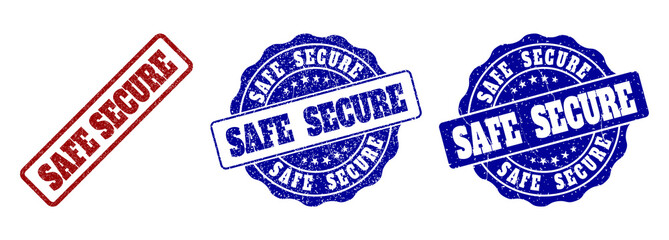 SAFE SECURE grunge stamp seals in red and blue colors. Vector SAFE SECURE overlays with grunge surface. Graphic elements are rounded rectangles, rosettes, circles and text labels.