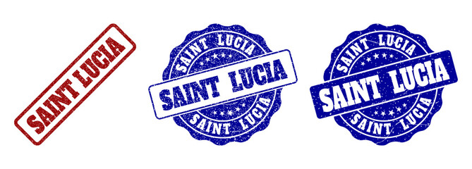 SAINT LUCIA grunge stamp seals in red and blue colors. Vector SAINT LUCIA overlays with grunge style. Graphic elements are rounded rectangles, rosettes, circles and text captions.
