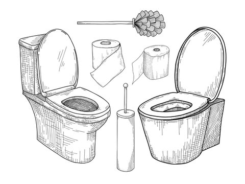 Sketch of toilet bowl and other toiletries isolated on white background.