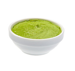 Wasabi sauce,Wasabi in ceramic bowl isolated on white background
