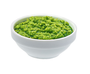 Italian sauce pesto, Pesto sauce in ceramic bowl isolated on white background