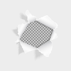 Realistic ripped hole in the sheet of paper. Torn paper on white background. Paper with ripped edges and space for text. Design for web, print, banner, advertising, presentation. Vector illustration