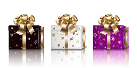 Obraz na płótnie Canvas Gift box Holiday New Year set. Black white purple 3d realistic surprise boxes for design, isolated on light background, vector.