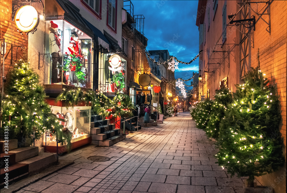 Poster christmas decoration at rue du petit-champlain in lower old town (basse-ville) at night - quebec cit