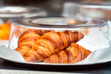 Closeup of golden orange baked pastry croissant large fresh in bakery cafe on tray covered with...