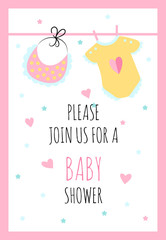 Vector Illustration. Funny bib and overalls with hearts around. Poster for the kid's birthday with text 