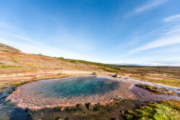 Haukadalur Valley, Iceland Geyser landscape with nobody in south Icelandic country, Hot Springs geothermal Golden Circle, colorful pool