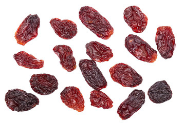 Close up picture of raisins isolated on white background.