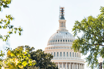 US Congress dome closeup with background of sky in Washington DC, USA on Capital capitol hill, columns, pillars, construction workers painting exterior on scaffold, scaffolding statue