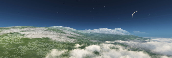 Panoramic landscape from a height of flight, above clouds and mountains,
3d rendering