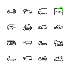 Truck Set of Transport Vector Line Icons. Contains such Icons as Truck, Transportation, Tow Truck, Cranes, Mixer, Garbage Truck, Manipulators, Delivery service and more. Editable Stroke. 32x32 Pixel