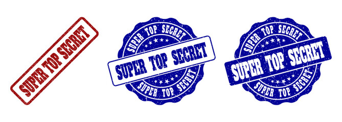 SUPER TOP SECRET scratched stamp seals in red and blue colors. Vector SUPER TOP SECRET imprints with scratced texture. Graphic elements are rounded rectangles, rosettes, circles and text tags.
