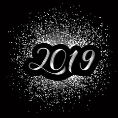 2019 Hand drawn numbers on silver glitter bacground.3d calligraphy lettering for New Year. Holidays party poster.