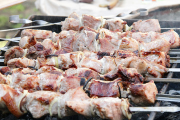 Shish kebabs are fried on a brazier with firewood and on coals. shish kebabs on skewers. meat shish kebab outdoors.