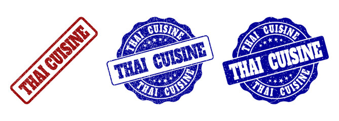 Obraz premium THAI CUISINE grunge stamp seals in red and blue colors. Vector THAI CUISINE labels with scratced style. Graphic elements are rounded rectangles, rosettes, circles and text tags.