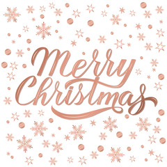 Merry Christmas greeting card. Hand drawn lettering. Rose gold Holidays pattern with snowflakes and dots. Christmas party typography poster