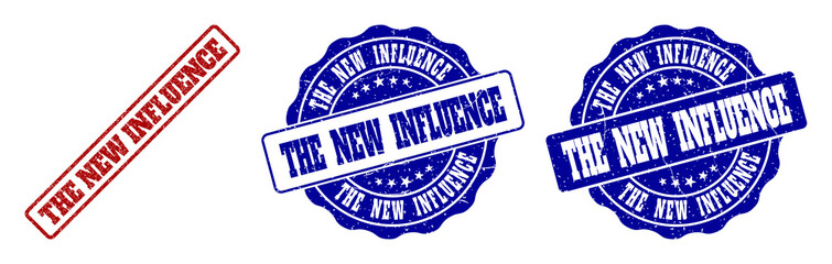 THE NEW INFLUENCE grunge stamp seals in red and blue colors. Vector THE NEW INFLUENCE labels with grunge style. Graphic elements are rounded rectangles, rosettes, circles and text titles.