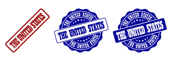 THE UNITED STATES grunge stamp seals in red and blue colors. Vector THE UNITED STATES labels with grainy effect. Graphic elements are rounded rectangles, rosettes, circles and text captions.