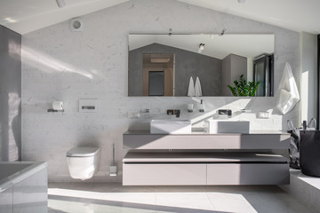 Sunny bathroom in modern style with light walls